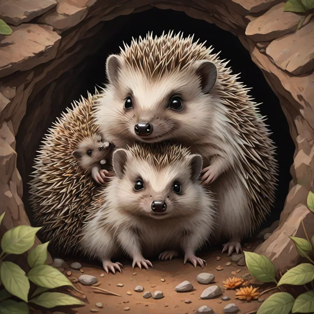 a couple of hedgehogs are standing in a cave with rocks and leaves around them and one is holding the other, a storybook illustration, Dan Mumford, furry art, official art