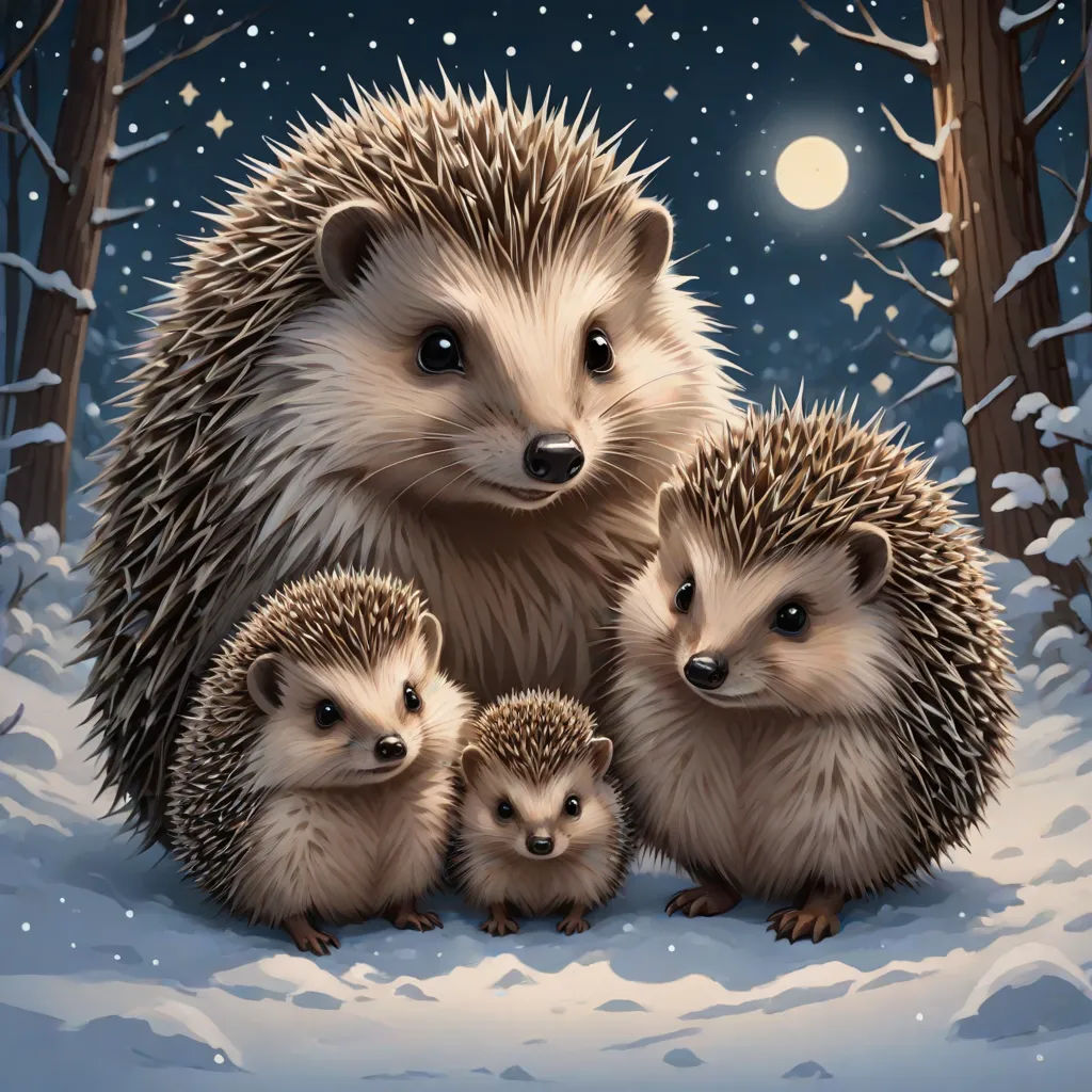 a painting of a family of hedgehogs in the snow at night with a full moon in the background, a storybook illustration, Dan Mumford, furry art, official art