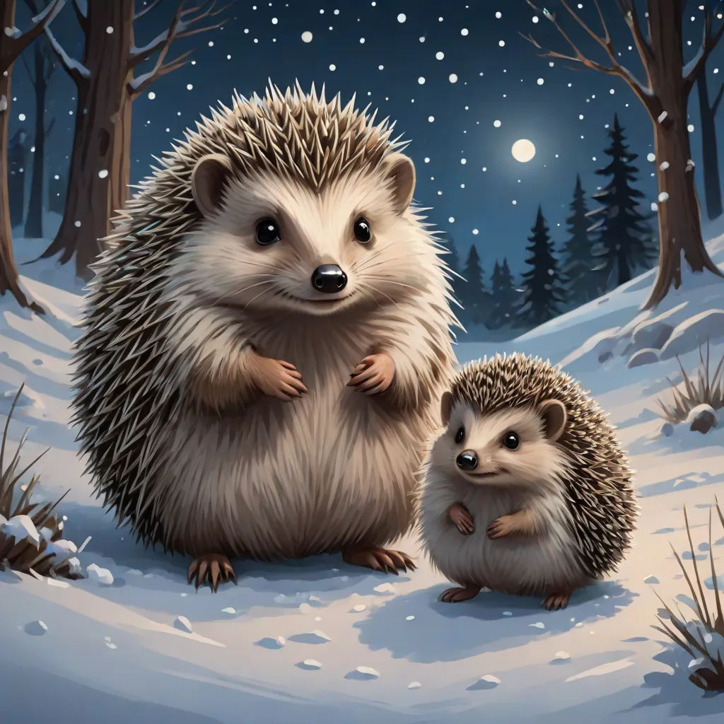 a couple of hedgehogs standing in the snow by a forest at night with a full moon in the background, a storybook illustration, Chris LaBrooy, furry art, official art