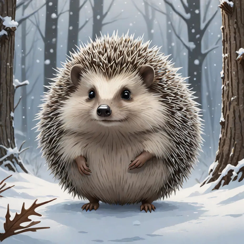a hedgehog standing in the snow in front of a forest with snow falling on it's ground, a storybook illustration, Chris LaBrooy, sots art, official art