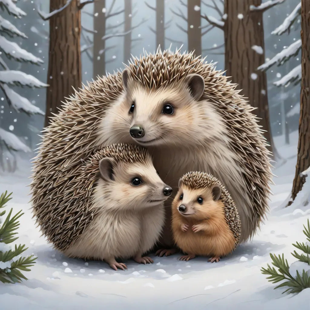 a painting of two hedgehogs and a baby hedgehog in the snow with pine trees in the background, a storybook illustration, Anne Stokes, furry art, official art