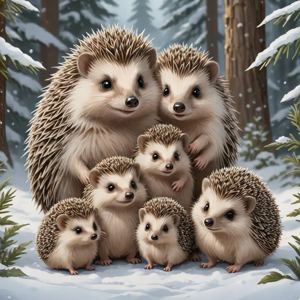 a group of hedgehogs standing in the snow together in front of a forest background with pine trees, an oil painting, Chris LaBrooy, furry art, official art
