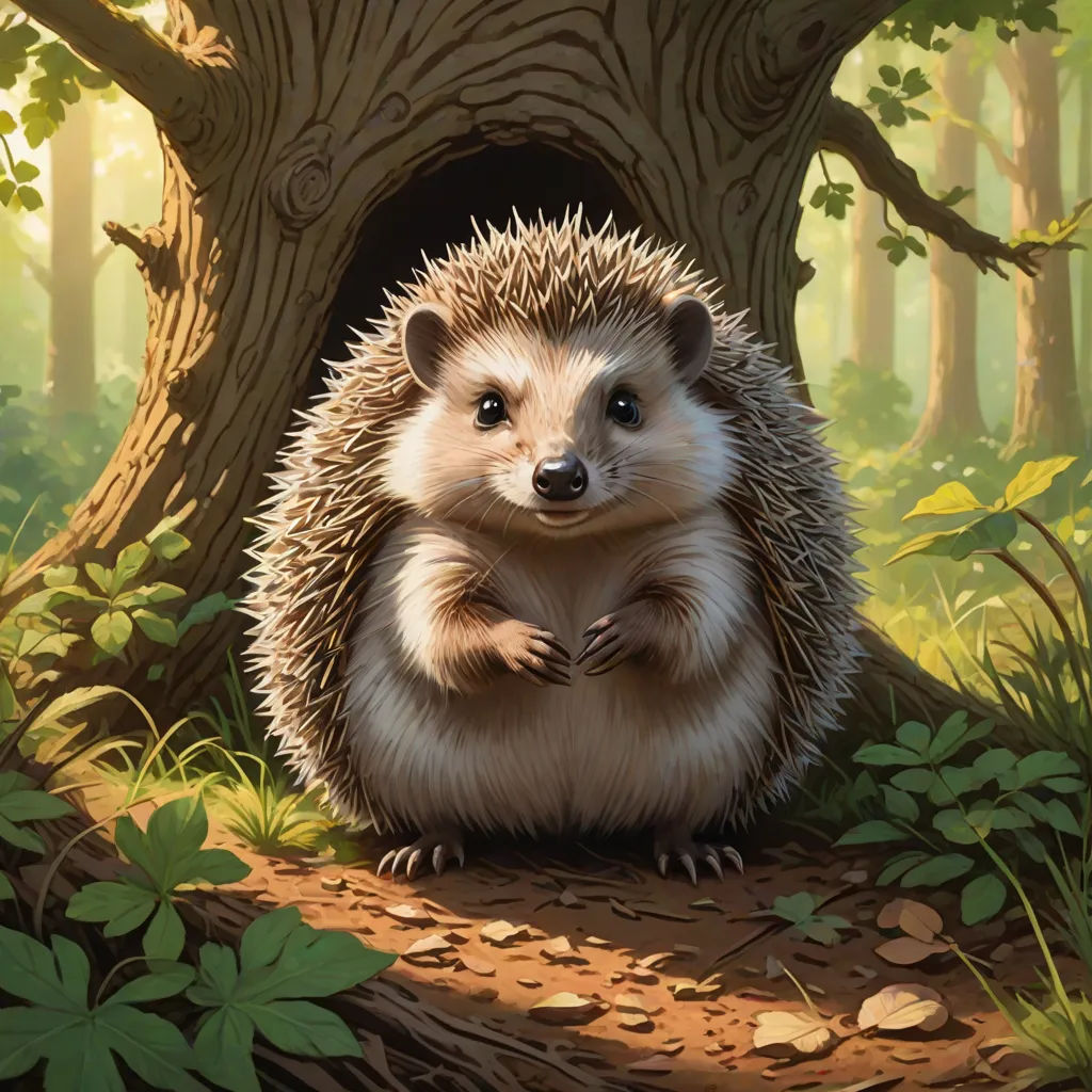 a hedgehog sitting in front of a tree in a forest with a hole in the ground for a bird, a storybook illustration, Chris LaBrooy, sots art, official art
