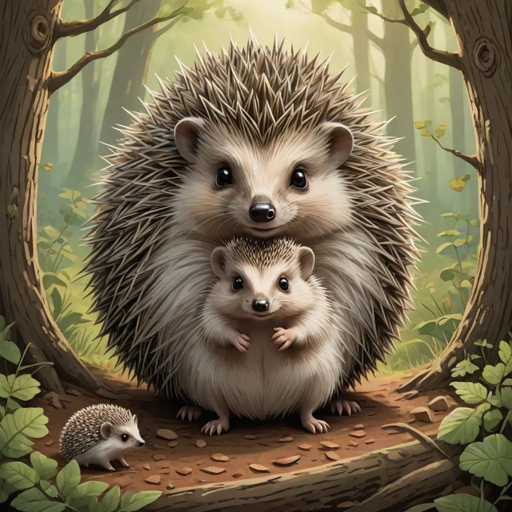 a hedgehog and a baby hedgehog sitting in a forest with leaves and trees around them, with a background of green foliage, a storybook illustration, Chris LaBrooy, fantasy art, storybook illustration