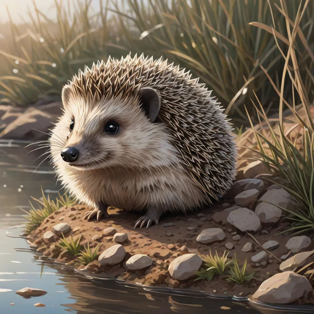 a hedgehog sitting on a rock next to a body of water with grass and rocks around it and a rock in the foreground, a photorealistic painting, Chris LaBrooy, sots art, ultra realistic illustration