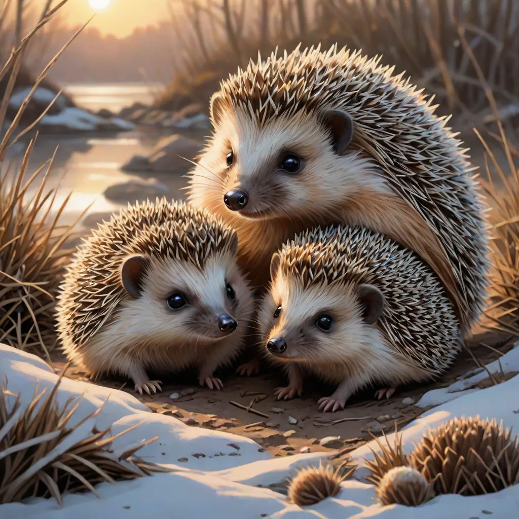 three hedges are sitting in the sand by the water at sunset or dawn, with the sun shining on the water behind them, a photorealistic painting, Brothers Hildebrandt, photorealism, highly detailed digital painting