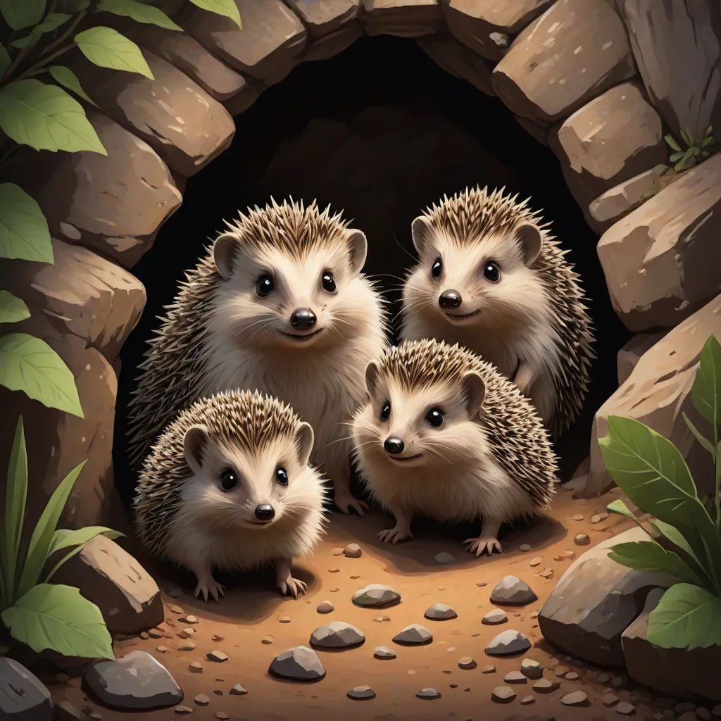 a group of hedgehogs are standing in a cave with rocks and plants around them, and a stone entrance, a storybook illustration, Dan Mumford, sots art, game art