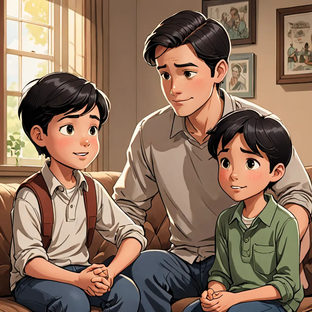 a man and two boys sitting on a couch in a living room with a window behind them and a picture of a man and two boys sitting on the couch, sots art, a storybook illustration, Fernando Amorsolo, official art