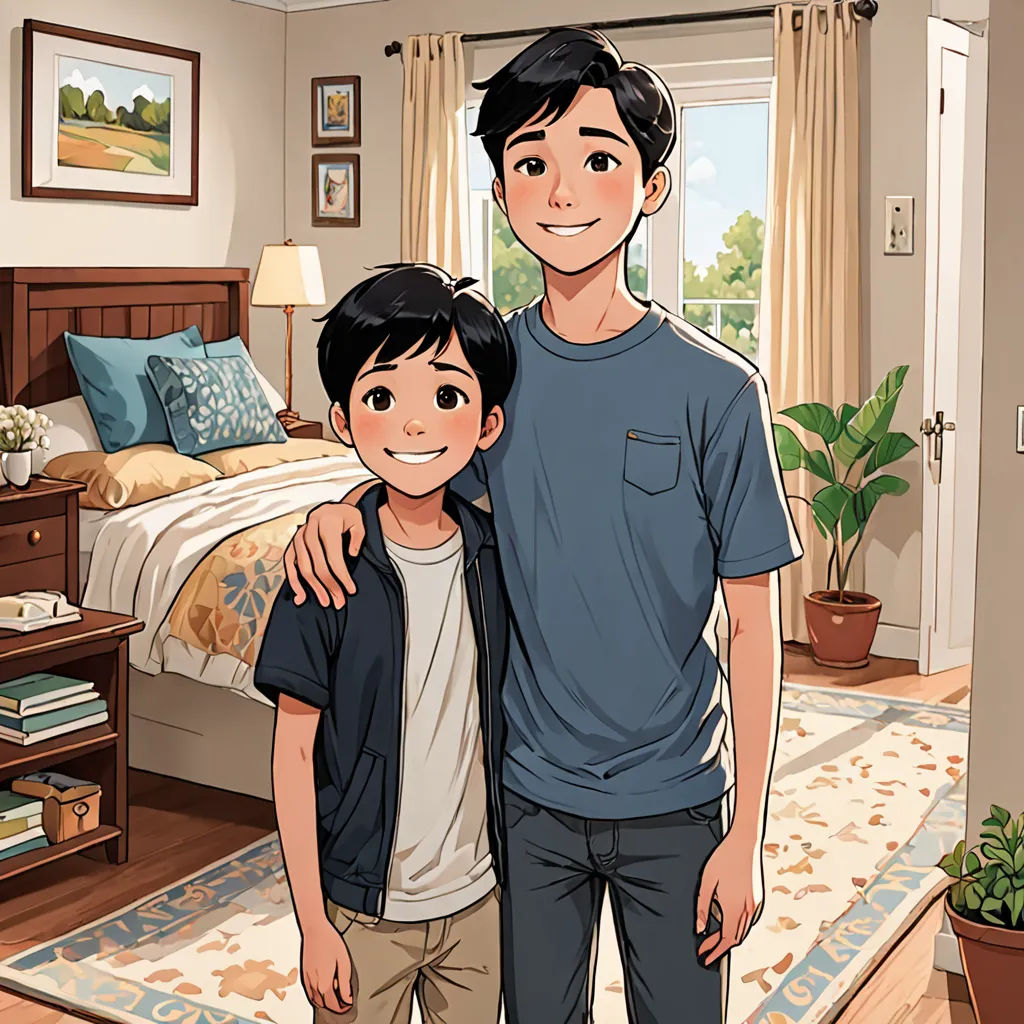 a man and a boy standing in a bedroom together, with a bed in the background and a painting of a bedroom behind them, american scene painting, a comic book panel, Adam Dario Keel, official art