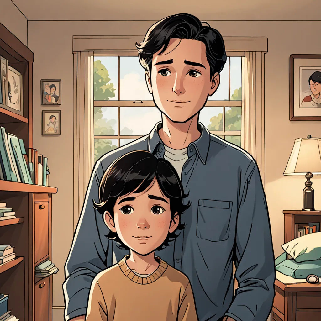 a man and a young girl standing in a living room with a bookcase and a window behind them, serial art, a comic book panel, Everett Warner, graphic novel