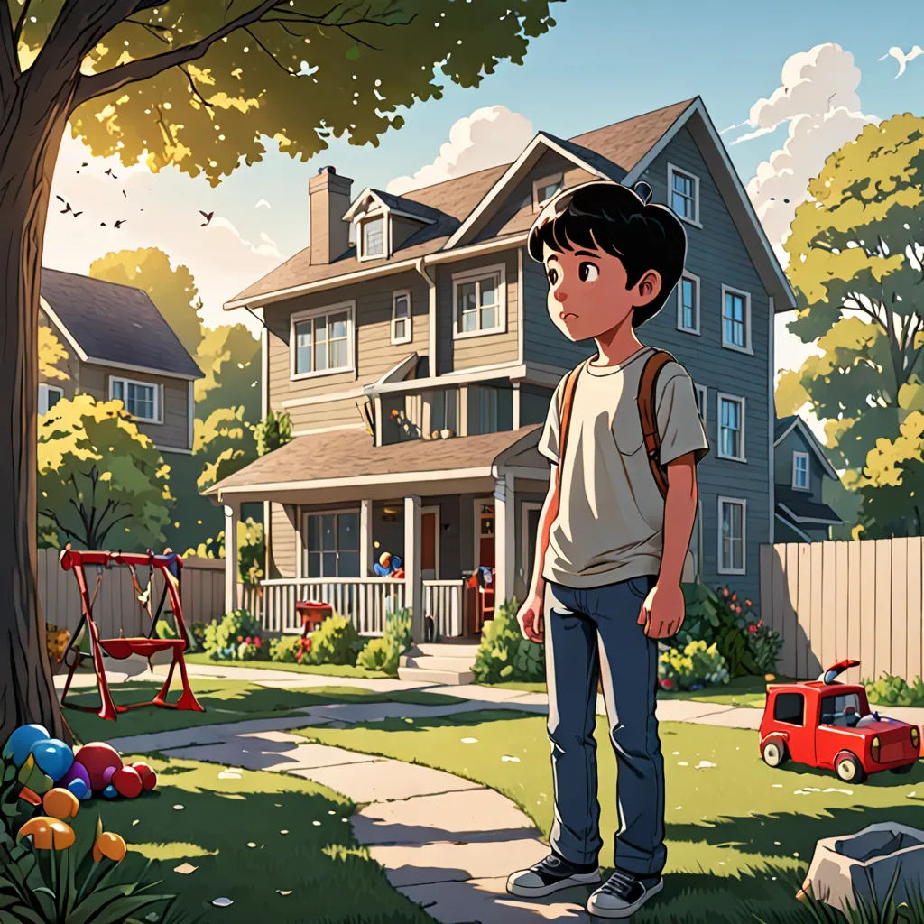 a boy standing in front of a house with a red car parked in front of him and a red truck parked in front of him, american scene painting, a storybook illustration, Chris LaBrooy, rossdraws global illumination