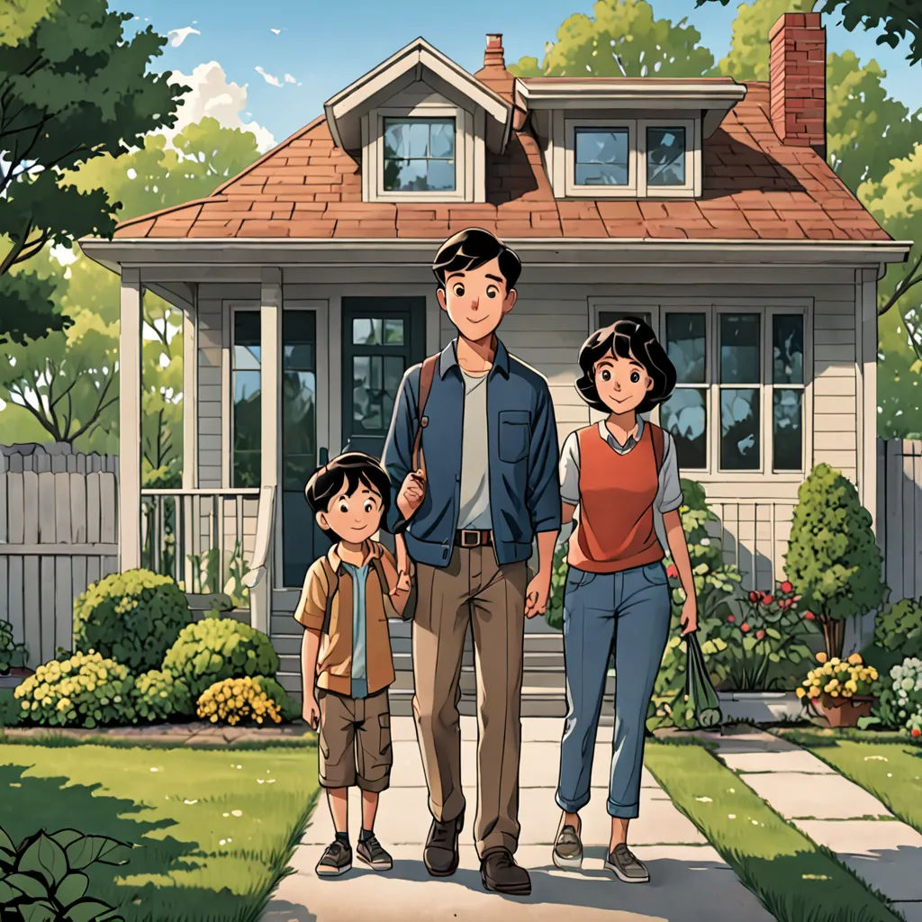 a man and two children walking in front of a house with a dog on a leash in front of them, american scene painting, a storybook illustration, David Park, official art