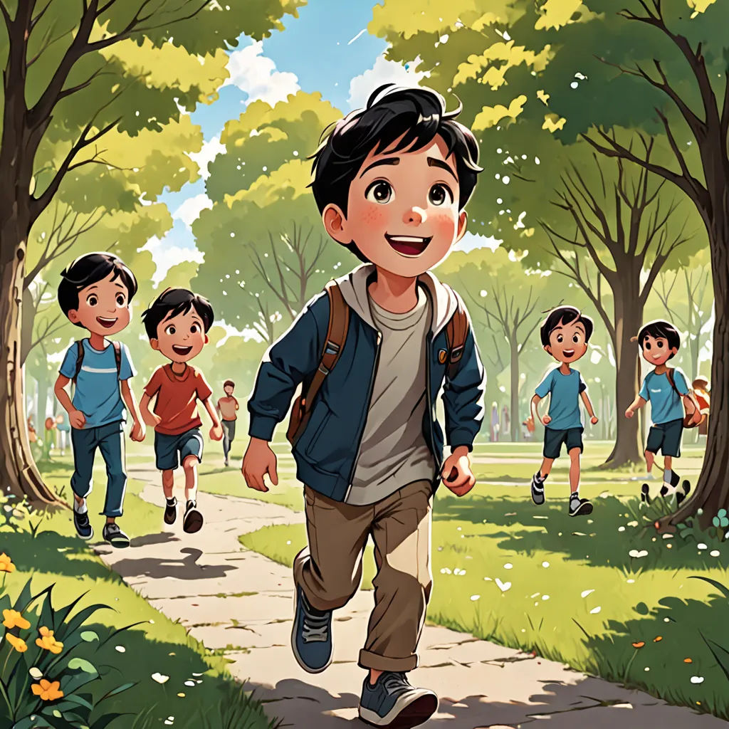 a boy is walking down a path with other children behind him in a park with trees and flowers on the ground, vancouver school, a storybook illustration, Amir Zand, official art