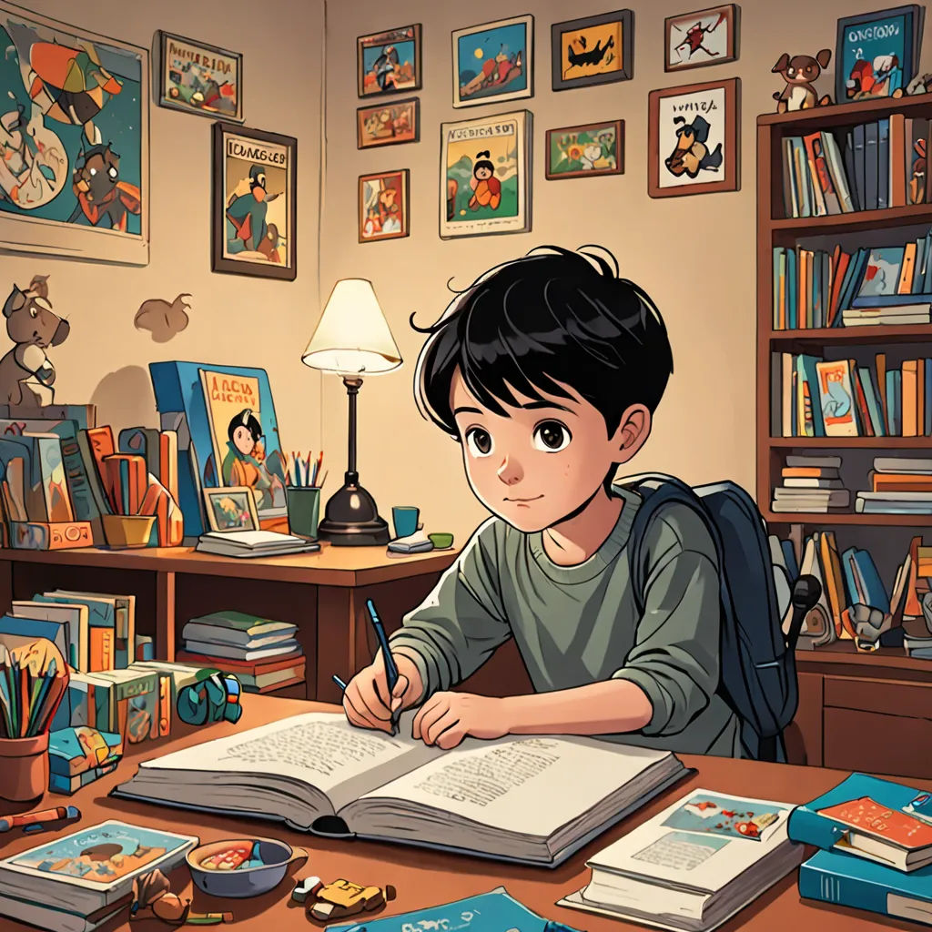 a boy is sitting at a desk with a book and a pen in his hand and a book in his lap, academic art, a comic book panel, Diego Gisbert Llorens, storybook illustration