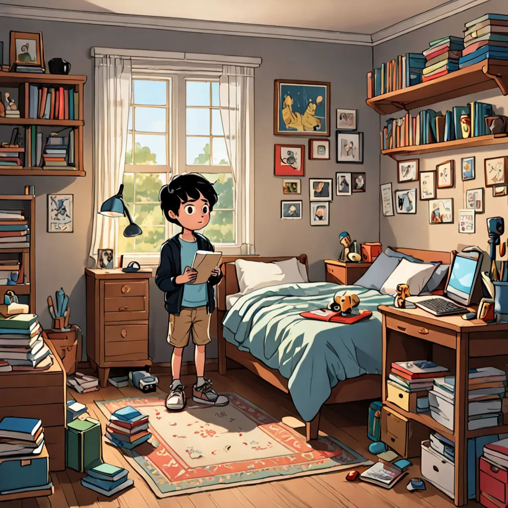 a boy standing in a bedroom with a bed and a desk with a laptop on it and a bookcase, photorealism, a storybook illustration, Diego Gisbert Llorens, official art