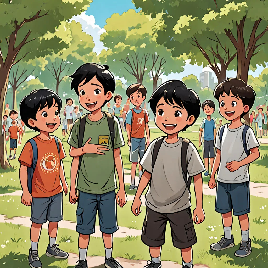 a group of young boys standing next to each other on a field of grass and trees with a crowd of people behind them, vancouver school, a storybook illustration, Baiōken Eishun, official art