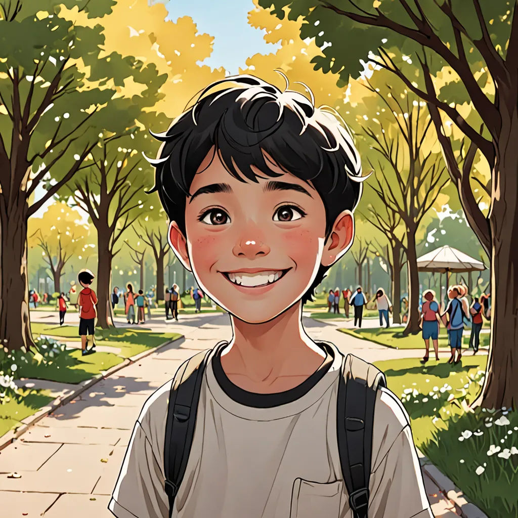 a cartoon of a boy with a backpack on a path in a park with people walking around and trees, vancouver school, a comic book panel, David Park, rossdraws global illumination
