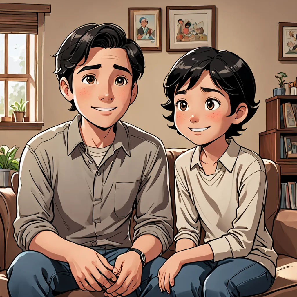 a couple of people sitting on top of a couch in a living room next to a window with pictures on the wall, lyco art, a comic book panel, David Park, official art