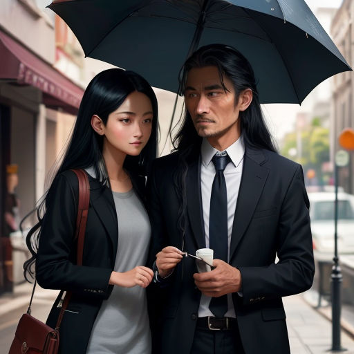 a man and woman standing under an umbrella on a city street, one holding a cup of coffee and the other holding a cell phone