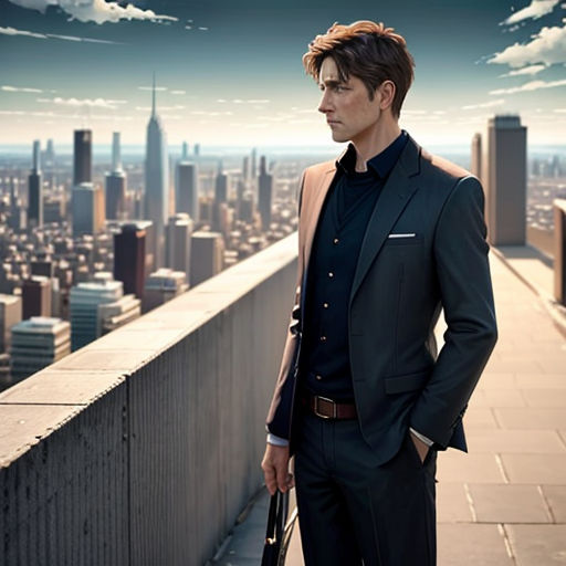 a man in a suit standing on a ledge with a city in the background and a sky line in the foreground