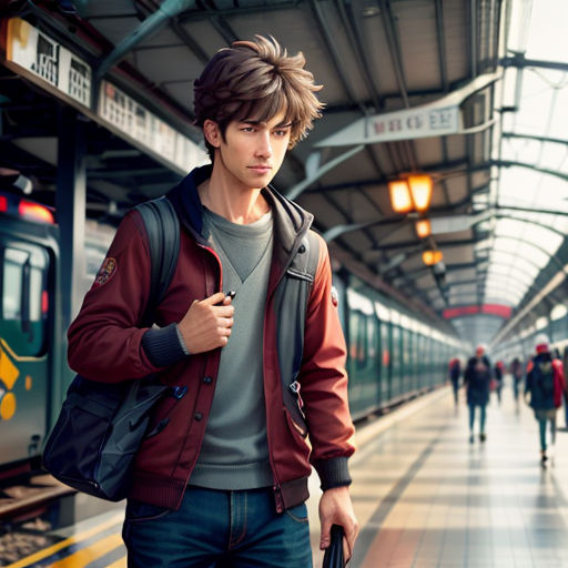 a man with a backpack and suitcase walking down a train station platform with a train in the background and people walking by