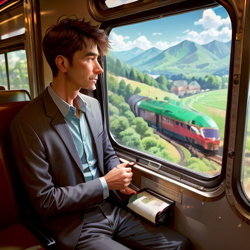 a man in a suit looking out a train window at a scenic landscape on the wall of a train