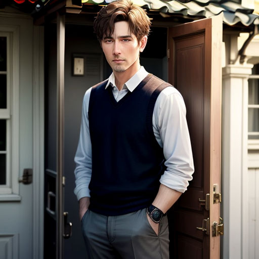 a man standing in front of a door wearing a vest and tie and a watch on his wrist and a watch on his wrist