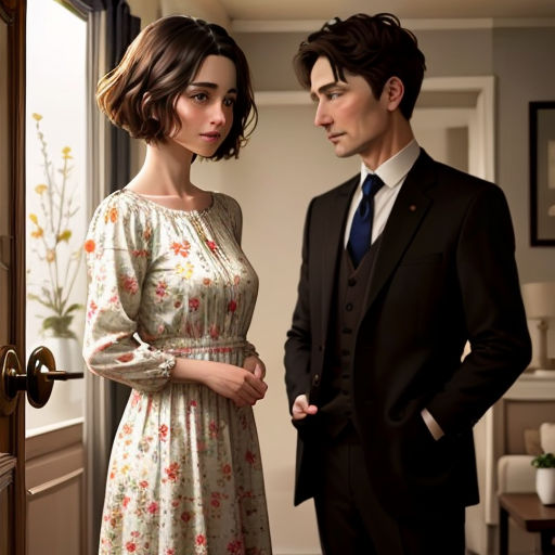 a man and a woman standing in a doorway looking at each other and smiling at each other, with a man in a suit and tie