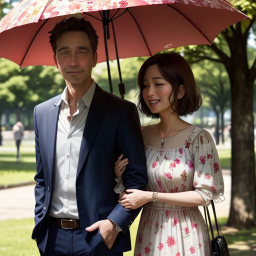a man and a woman standing under an umbrella in a park, smiling at the camera, with a man in a suit and tie