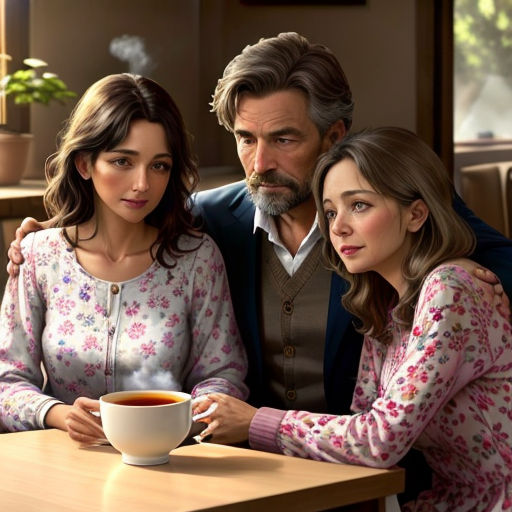 a man and two women sitting at a table with a cup of coffee in front of them, and a man in a suit