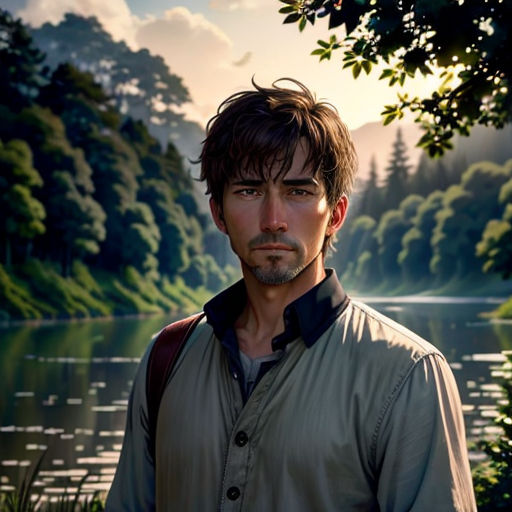 a man standing in front of a lake with trees in the background and a sunset in the background with clouds
