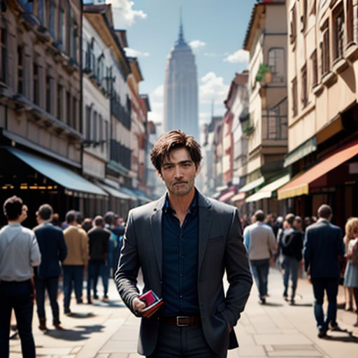 a man in a suit standing on a sidewalk in a city with people walking around him and a tall building in the background