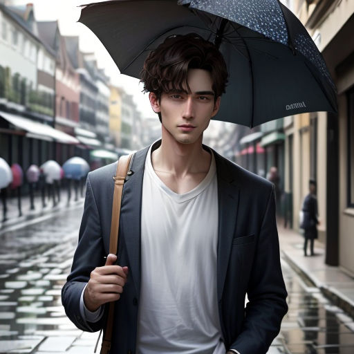 a man holding an umbrella on a city street in the rain, with people walking on the sidewalk in the background
