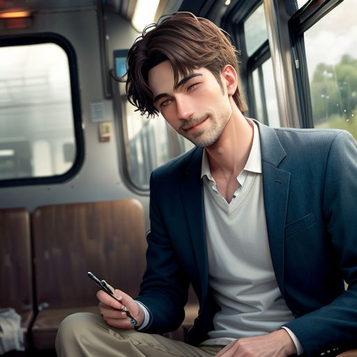 a man sitting on a train looking at his cell phone while holding a smart phone in his hand and looking at his watch