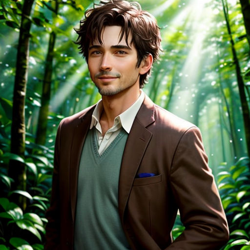 a man in a suit standing in a forest with sunlight streaming through the trees behind him and a green background