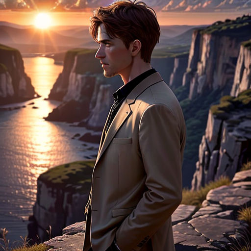 a man in a suit standing on a cliff overlooking a body of water at sunset with a mountain in the background