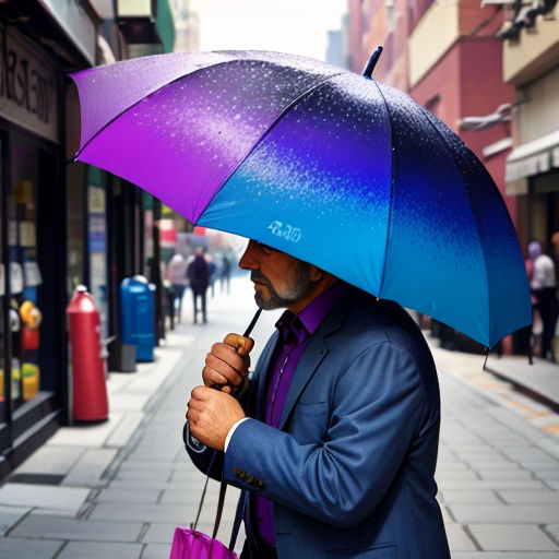 a man in a suit holding an umbrella on a city street with people walking by on the sidewalk and a storefront