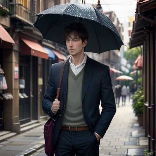 a man in a suit and tie holding an umbrella on a city street with buildings in the background and a man in a suit and tie holding a purse