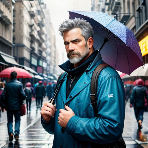 a man with a backpack and umbrella in the rain on a city street in the rain, with people walking on the sidewalk