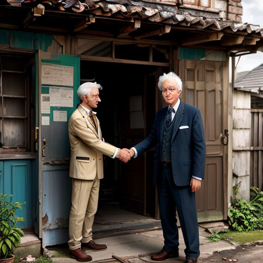 two men shaking hands in front of a building with a sign on it that says,,,,,,,,,,,,,,,,,,,,,,,,,,,,