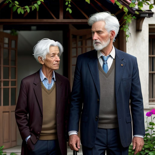 a man and a woman walking down a sidewalk together in front of a house with a flower garden and a house