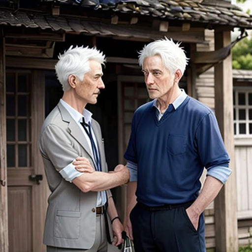 two men standing next to each other in front of a house with a door and a roof on it