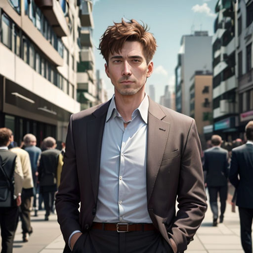 a man in a suit standing on a sidewalk in a city with people walking by him and buildings in the background