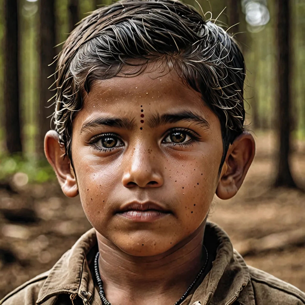 a young boy with freckles on his face in the woods with trees in the background and dirt on his face, samikshavad, a character portrait, Daniel Lieske, cinematic photography