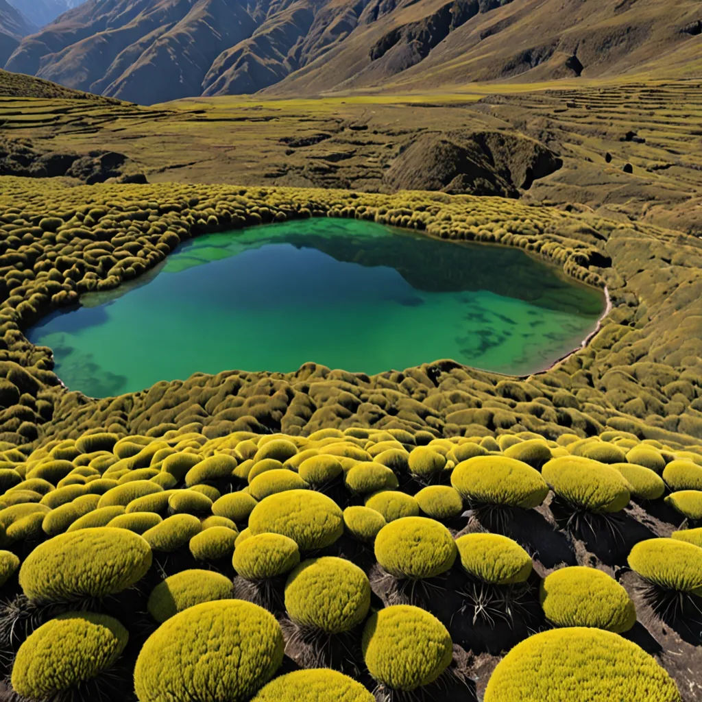a large green lake surrounded by a mountain range and a green field with a lot of grass on it, quito school, a photo, Domirinic Fegallia, nature