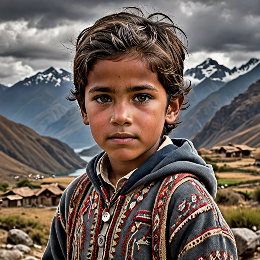 a young boy standing in front of a mountain range with a cloudy sky in the background and a village in the foreground, art photography, a portrait, Amir Zand, portrait photography
