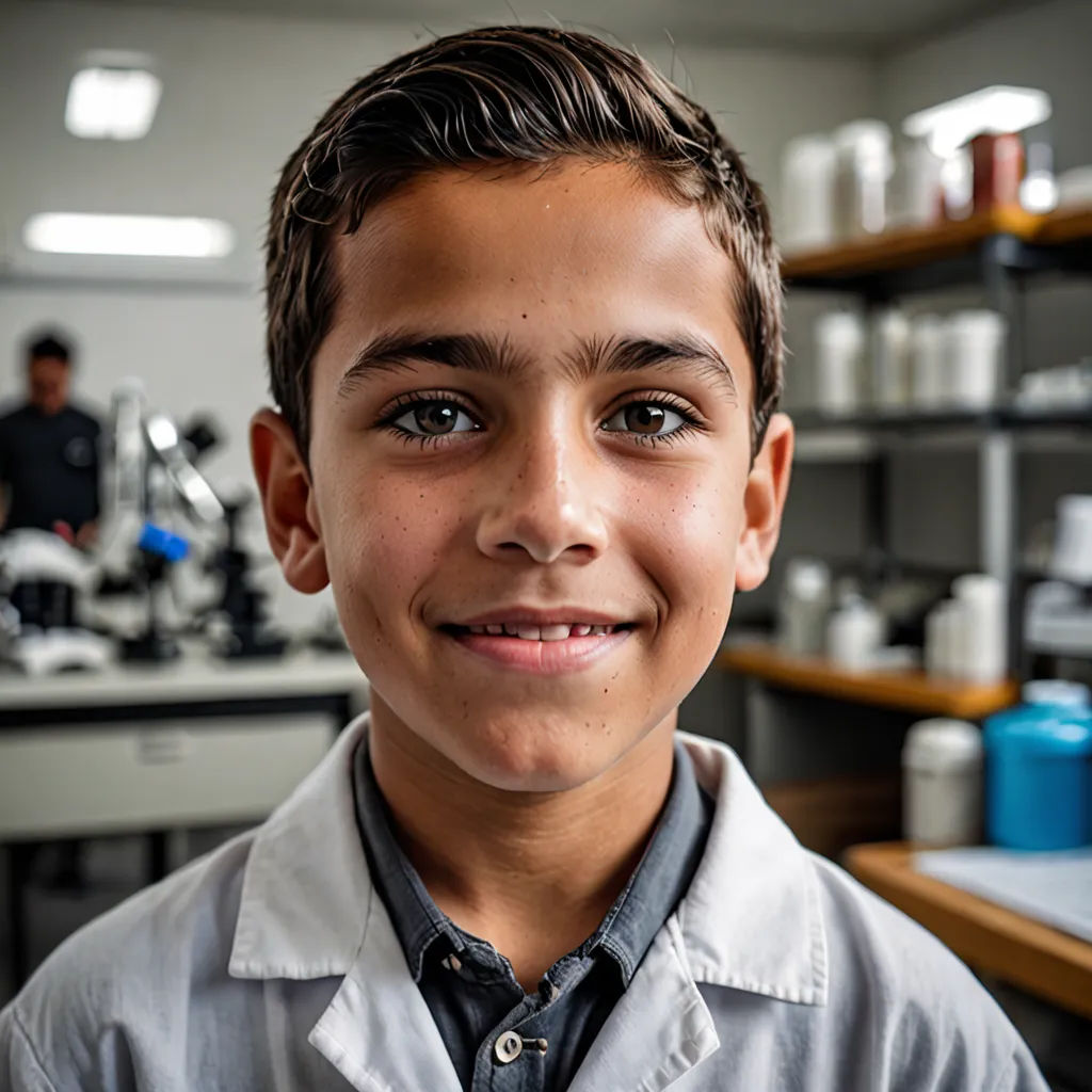 a young boy is smiling in a lab with a lot of equipment on the shelves behind him and a man in the background, quito school, a stock photo, Abdullah Gërguri, f 1. 8