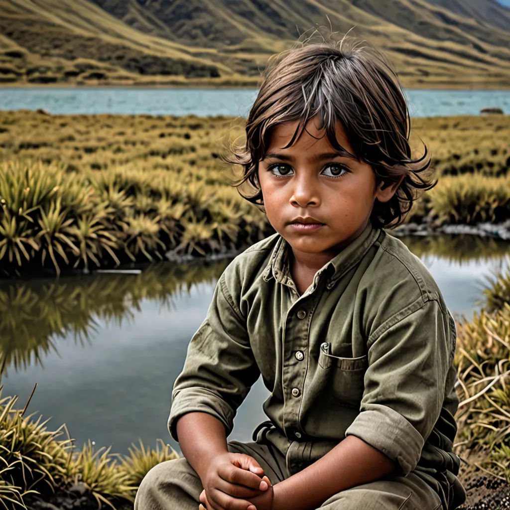 a young boy sitting on a rock near a lake and mountains in the background with a blue sky and clouds, quito school, a portrait, Daniel Lieske, portrait photography