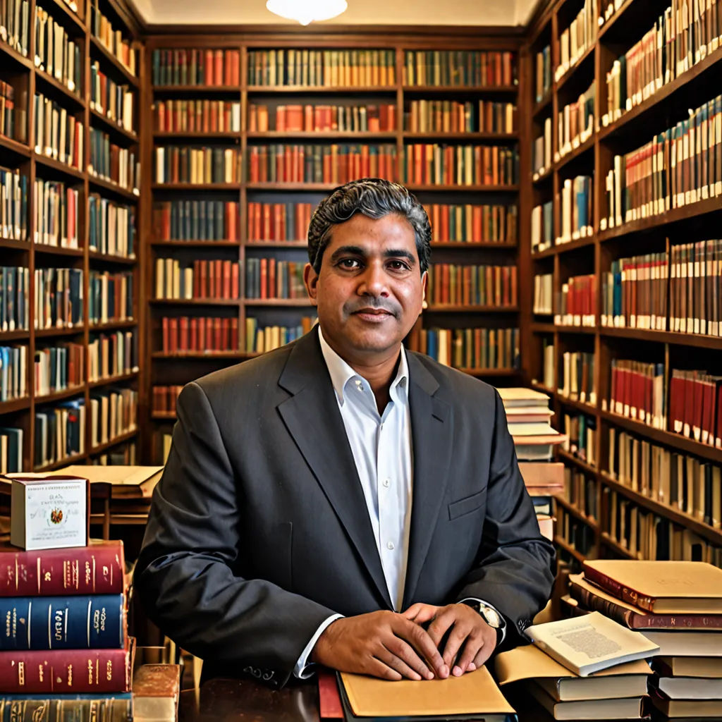 a man in a library with many books on the shelves and a desk with a laptop on it and a book case full of books, academic art, a character portrait, Anthony Devas, jayison devadas