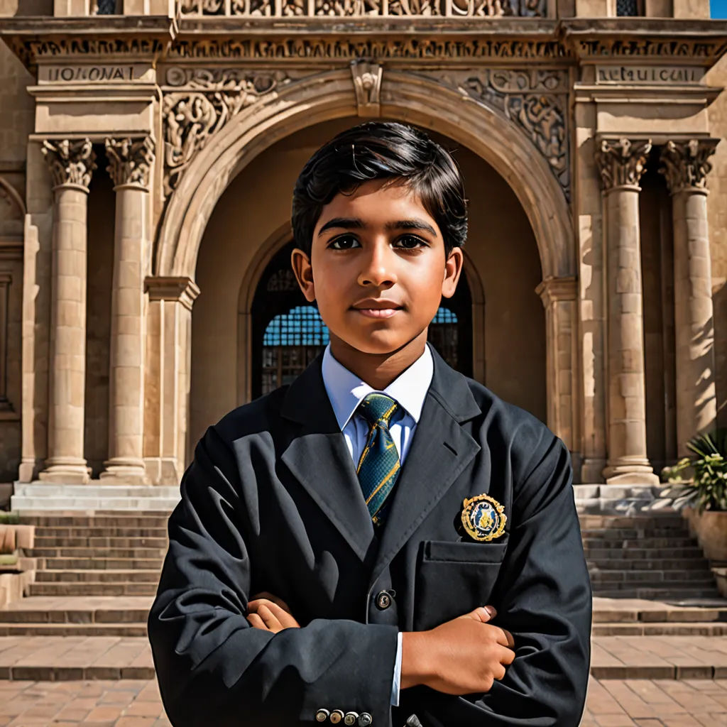 a young boy in a suit and tie standing in front of a building with a clock tower in the background, heidelberg school, a character portrait, Anthony Devas, jayison devadas